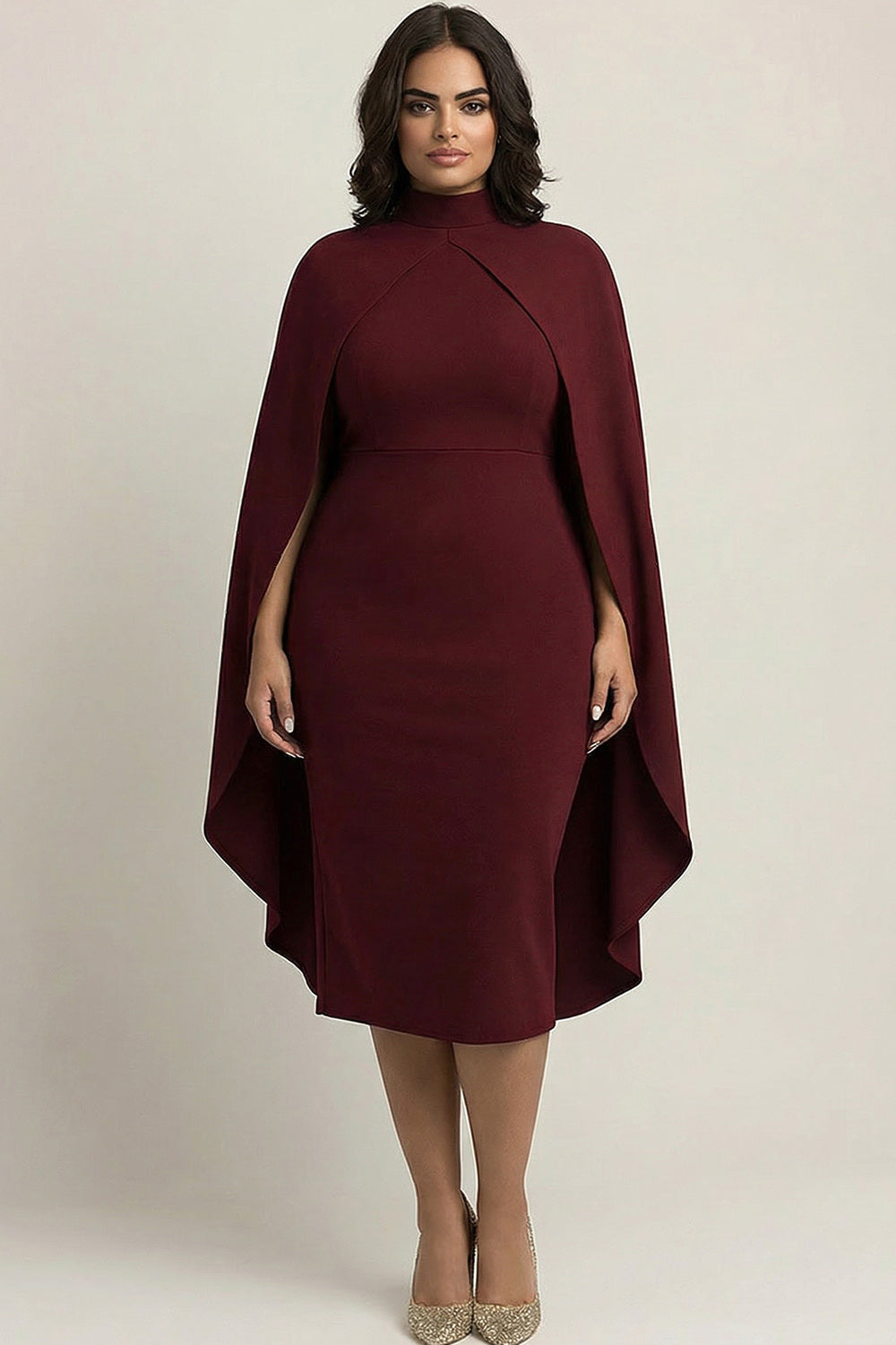 Burgundy High Neck Plus Size Midi Formal Dress With Shawl