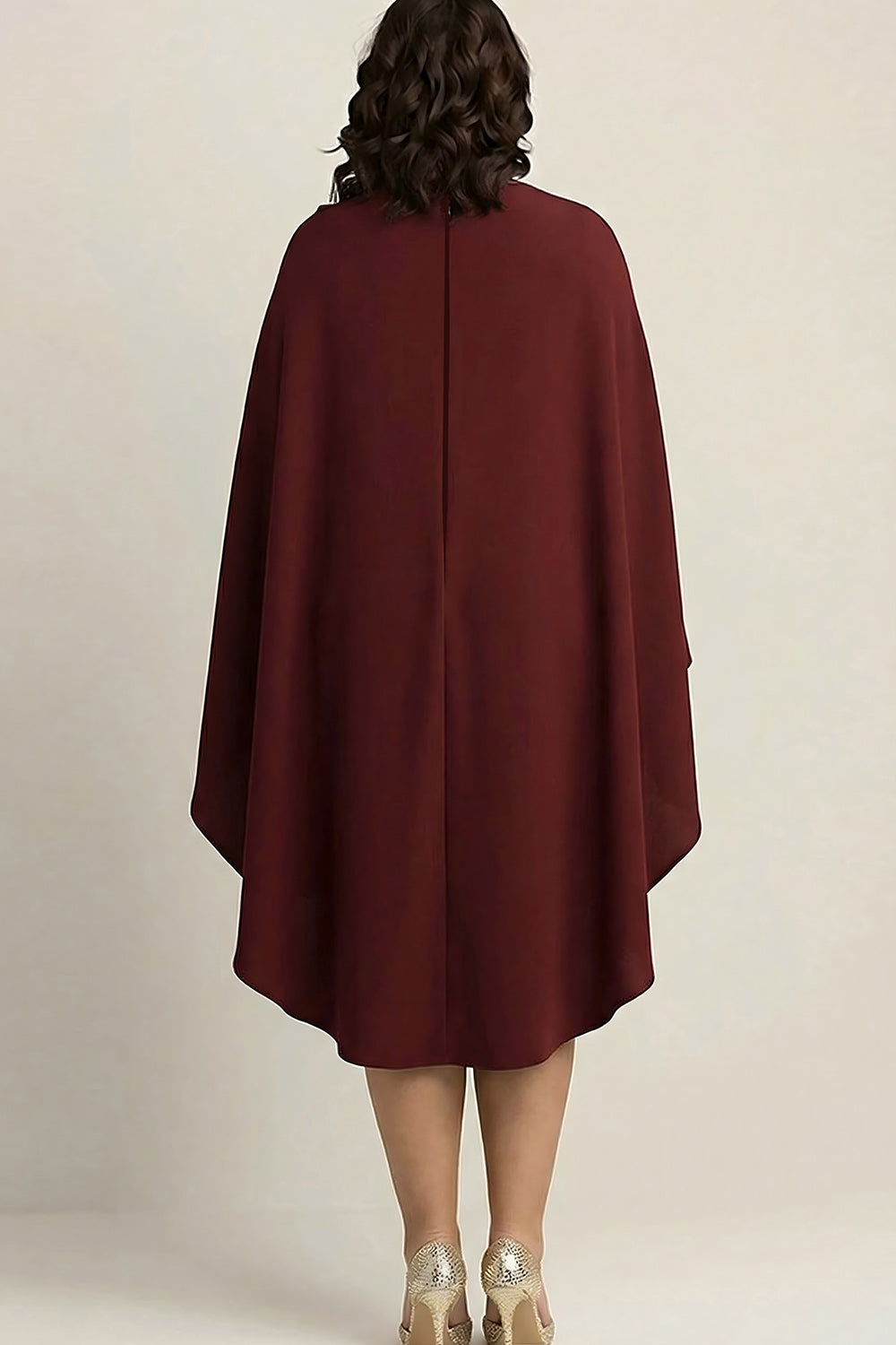 Burgundy High Neck Plus Size Midi Formal Dress With Shawl