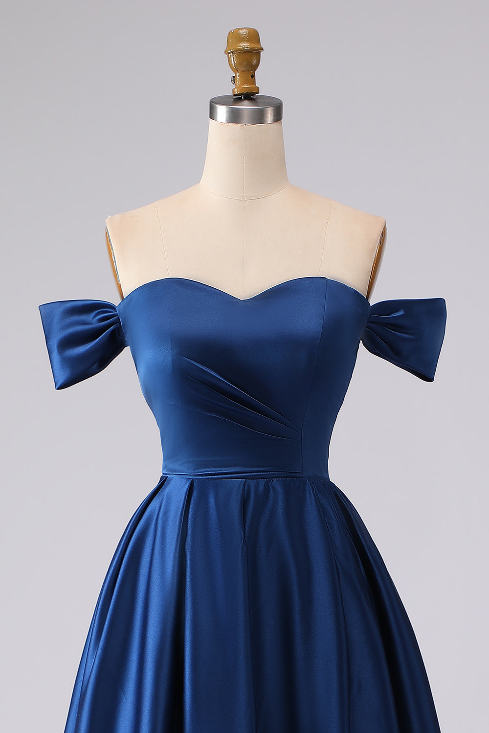 Off the Shoulder Navy Satin A Line Evening Dress