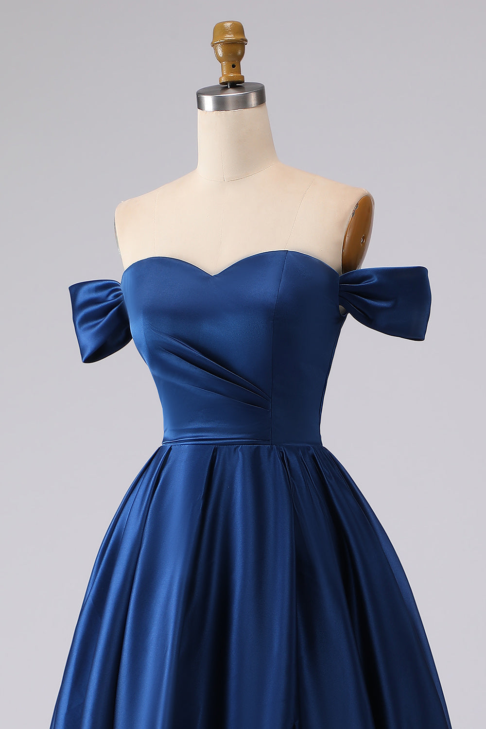 Off the Shoulder Navy Satin A Line Evening Dress