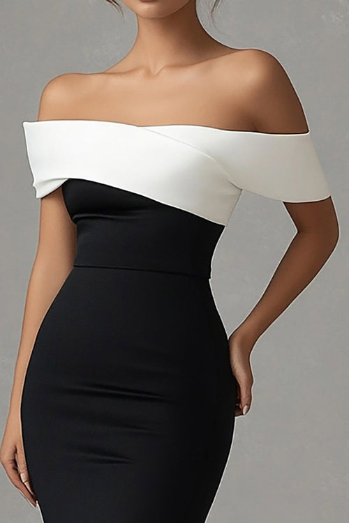 Satin Mermaid Off the Shoulder Black Tie Dress with Slit
