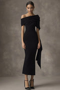 One Shoulder Sheath Tea Length Black Tie Dress with Sash