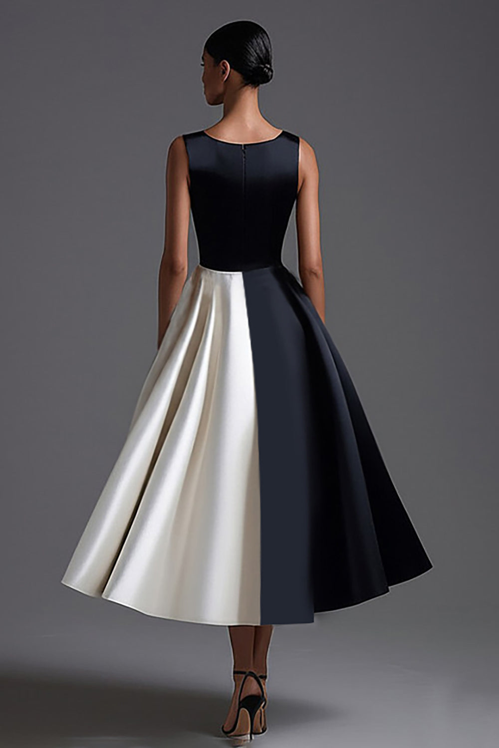 Black and White Boat Neck A Line Midi Formal Dress