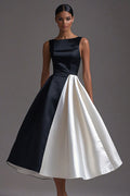 Black White A Line Boat Neck Semi Formal Dress