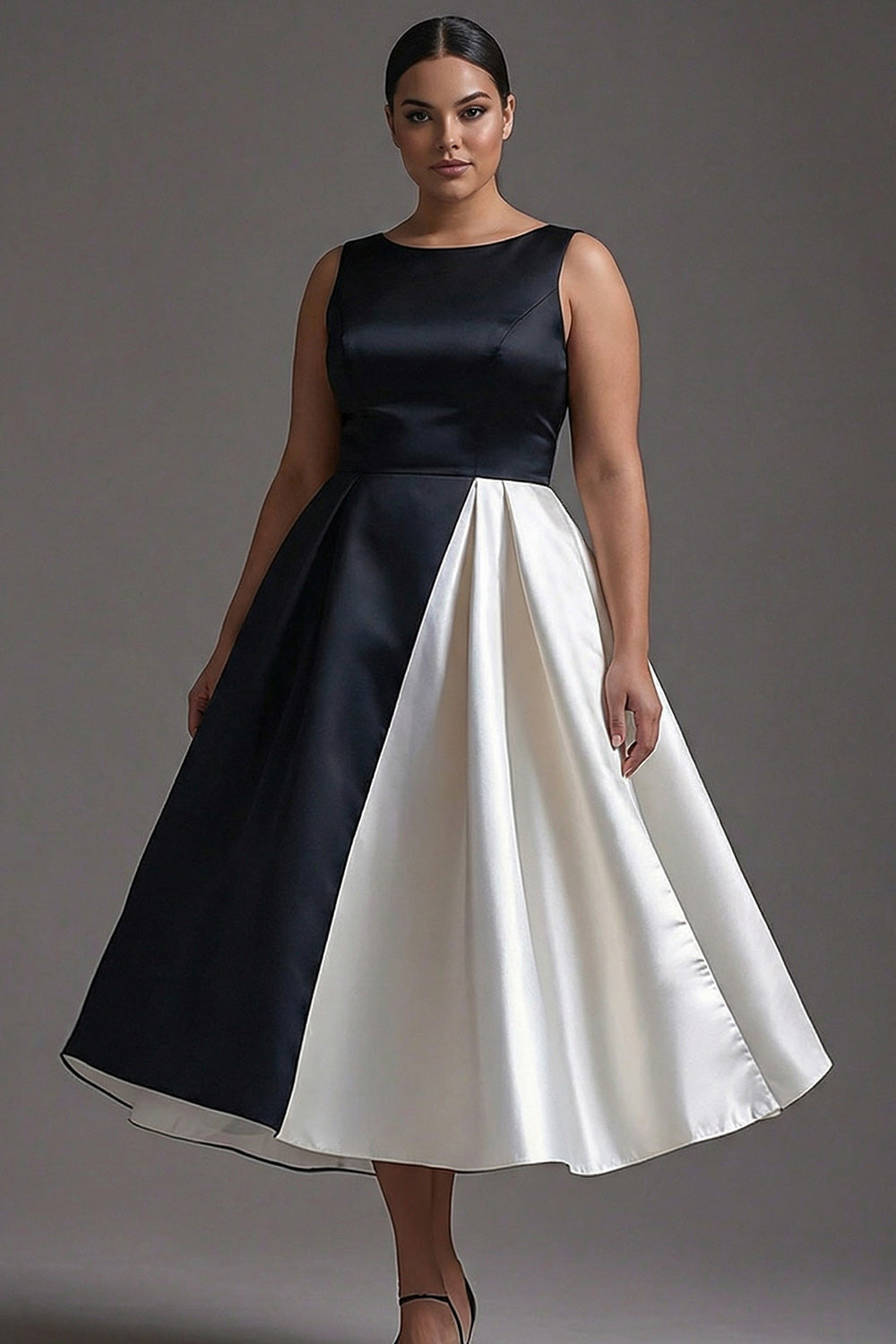 Black White A Line Satin Plus Size Semi Formal Dress