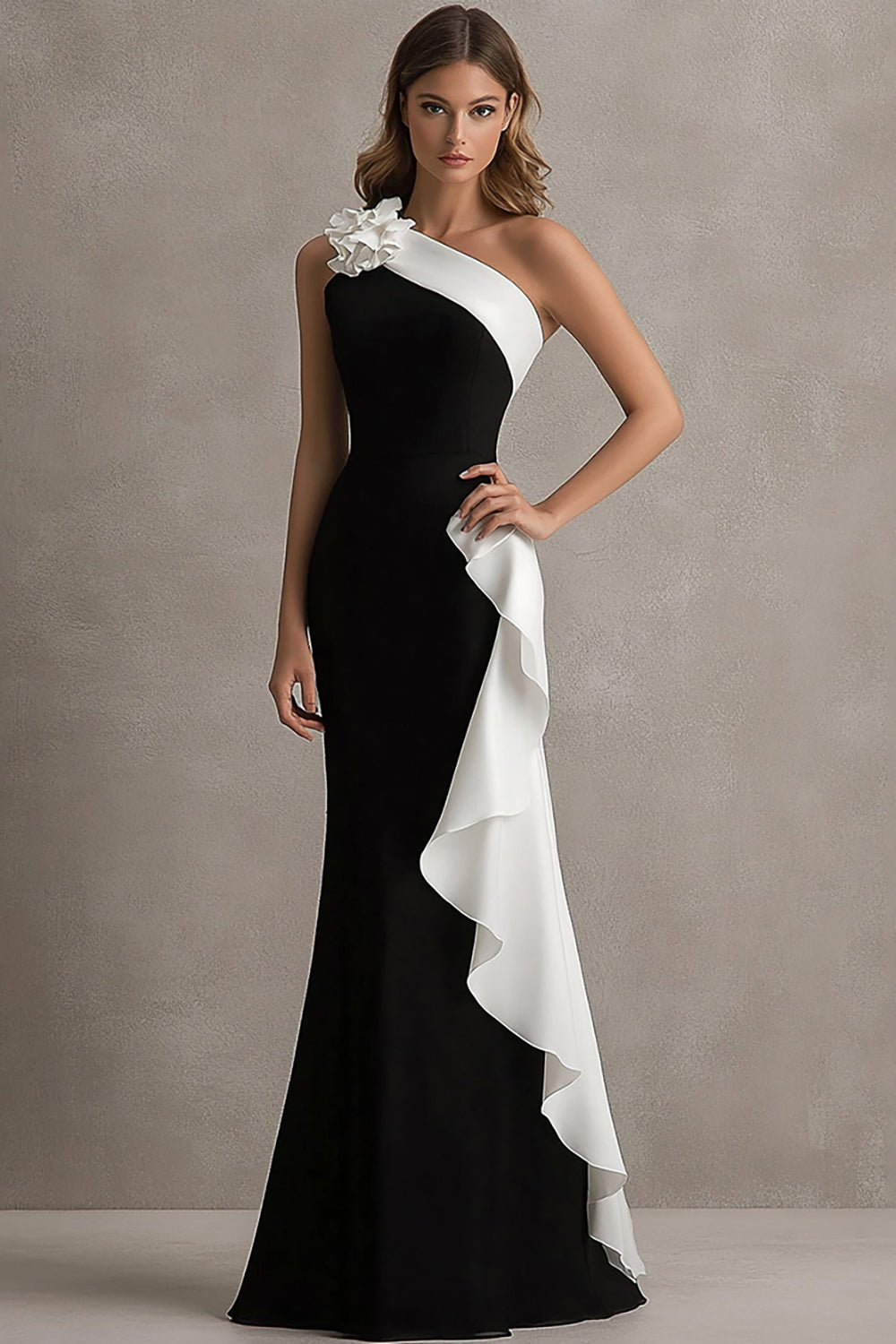 Sheath One Shoulder Black Tie Dress with Flower