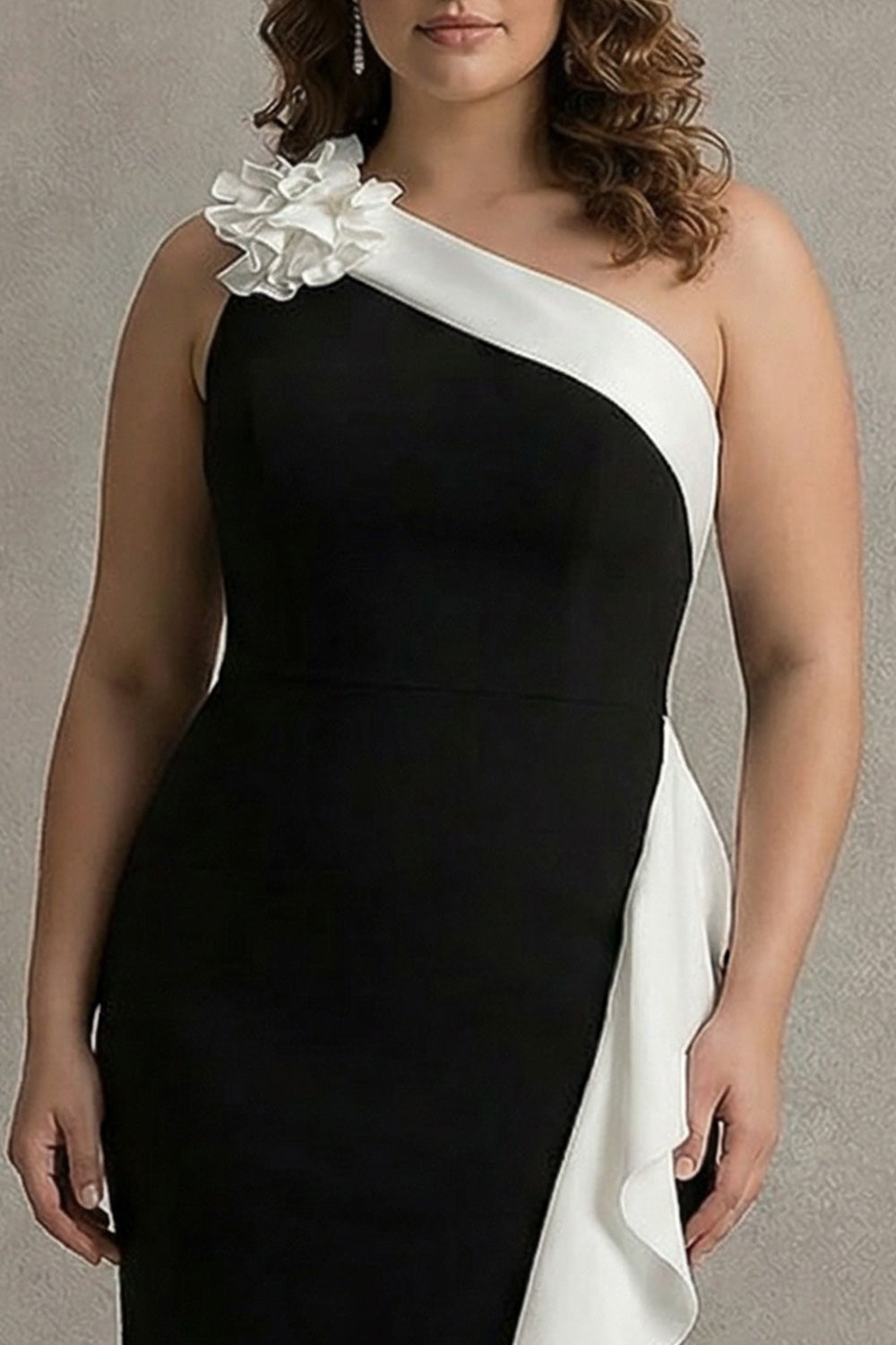 One Shoulder Plus Size Mermaid Black Tie Dress with Ruffles