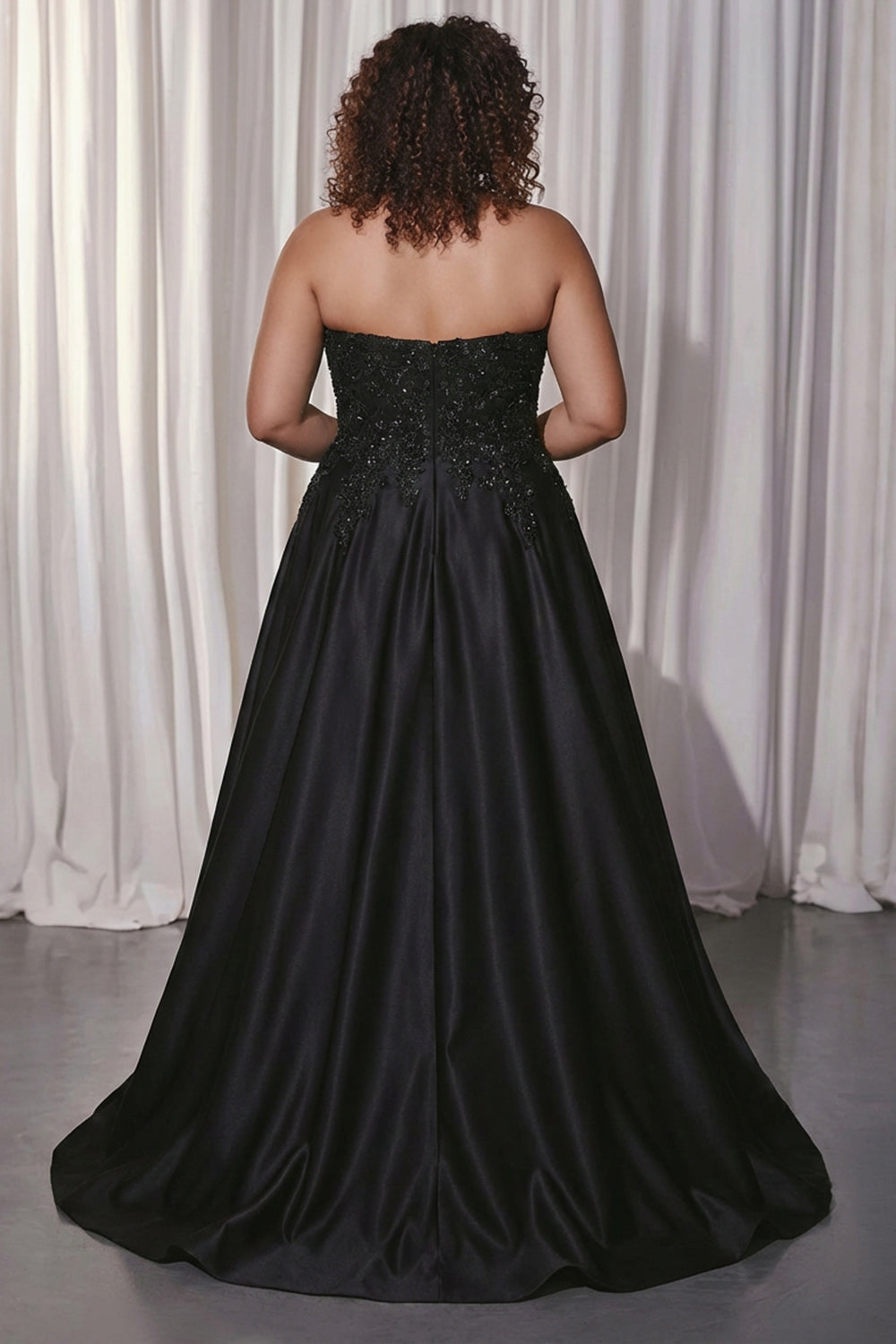 Black A Line Strapless Plus Size Appliqued Prom Dress