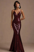 Burgundy V-Neck Long Formal Dress With Sequins