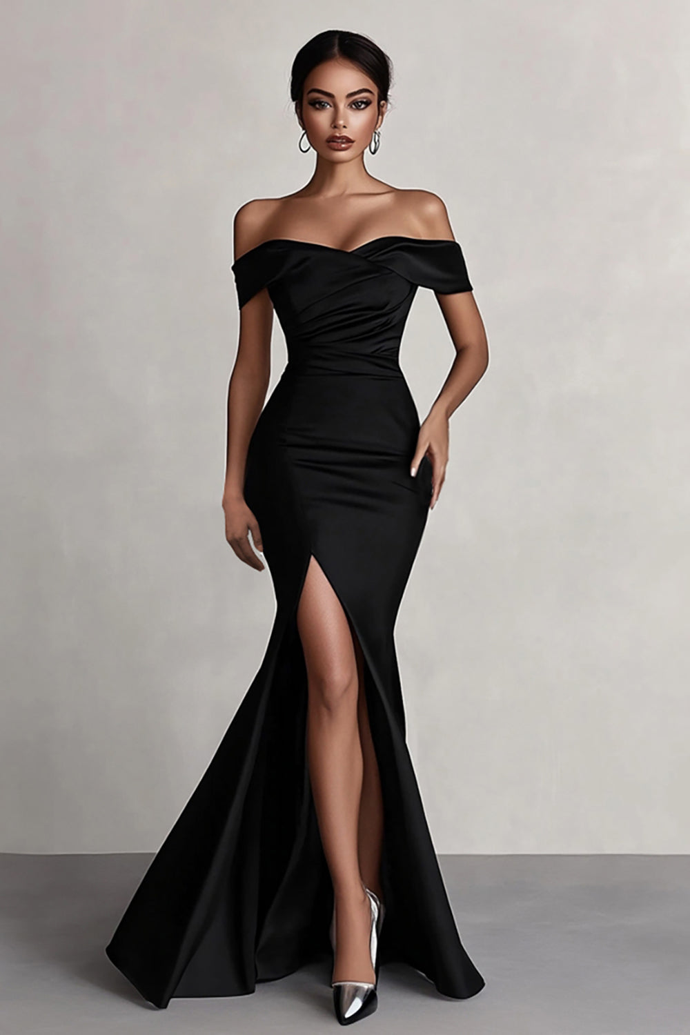 Black Off the Shoulder Mermaid Long Formal Dress with Slit