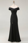 Black Off the Shoulder Mermaid Long Formal Dress with Slit