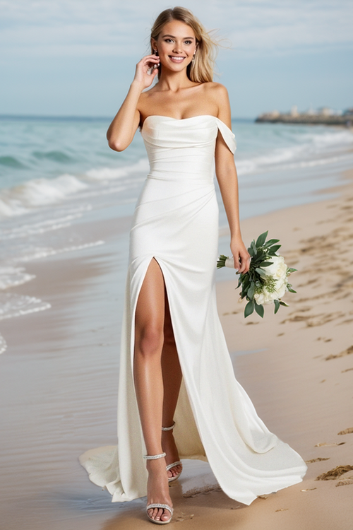 Ivory Mermaid Off The Shoulder Wedding Dress with Slit