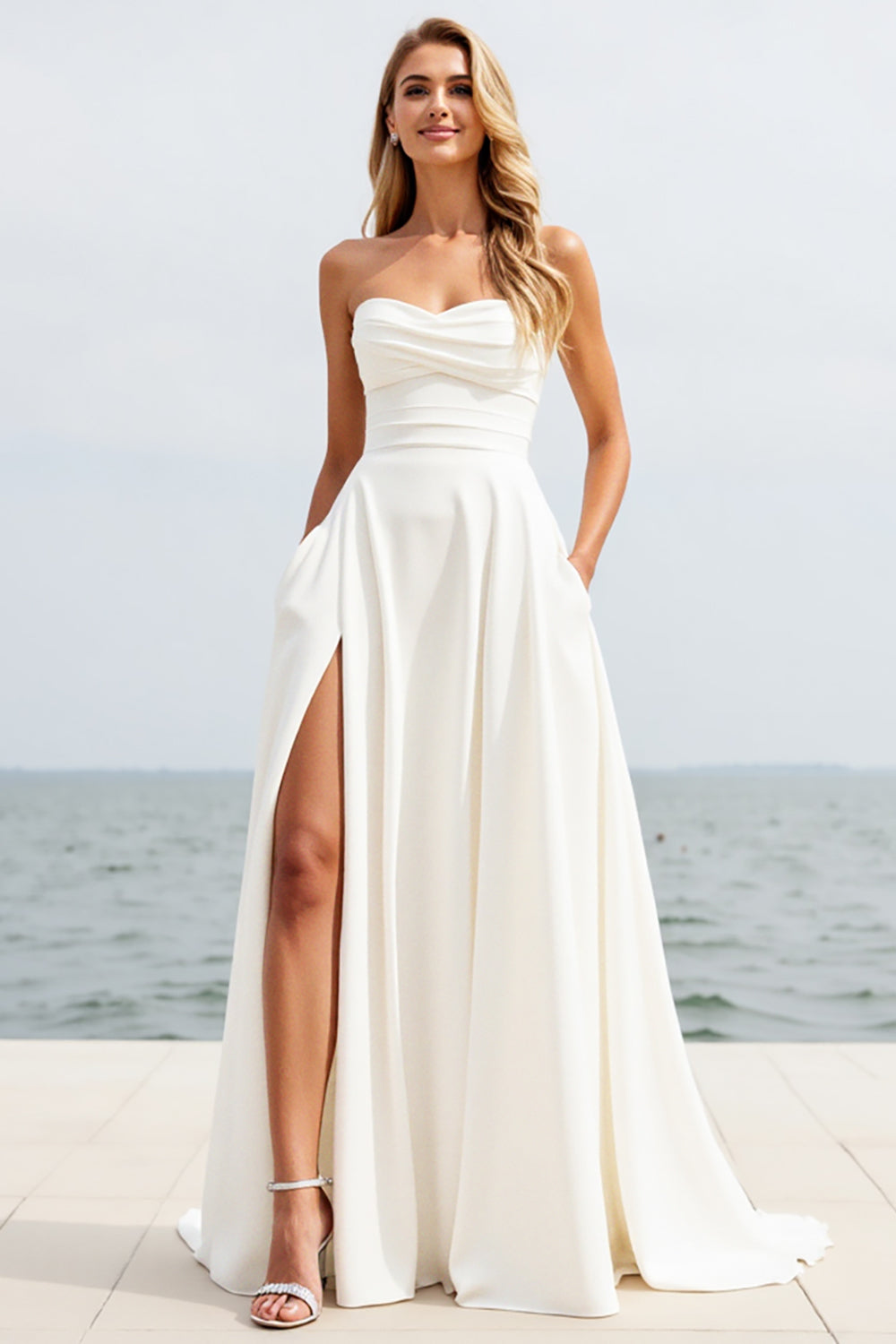 Strapless Ivory A Line Wedding Dress with Slit