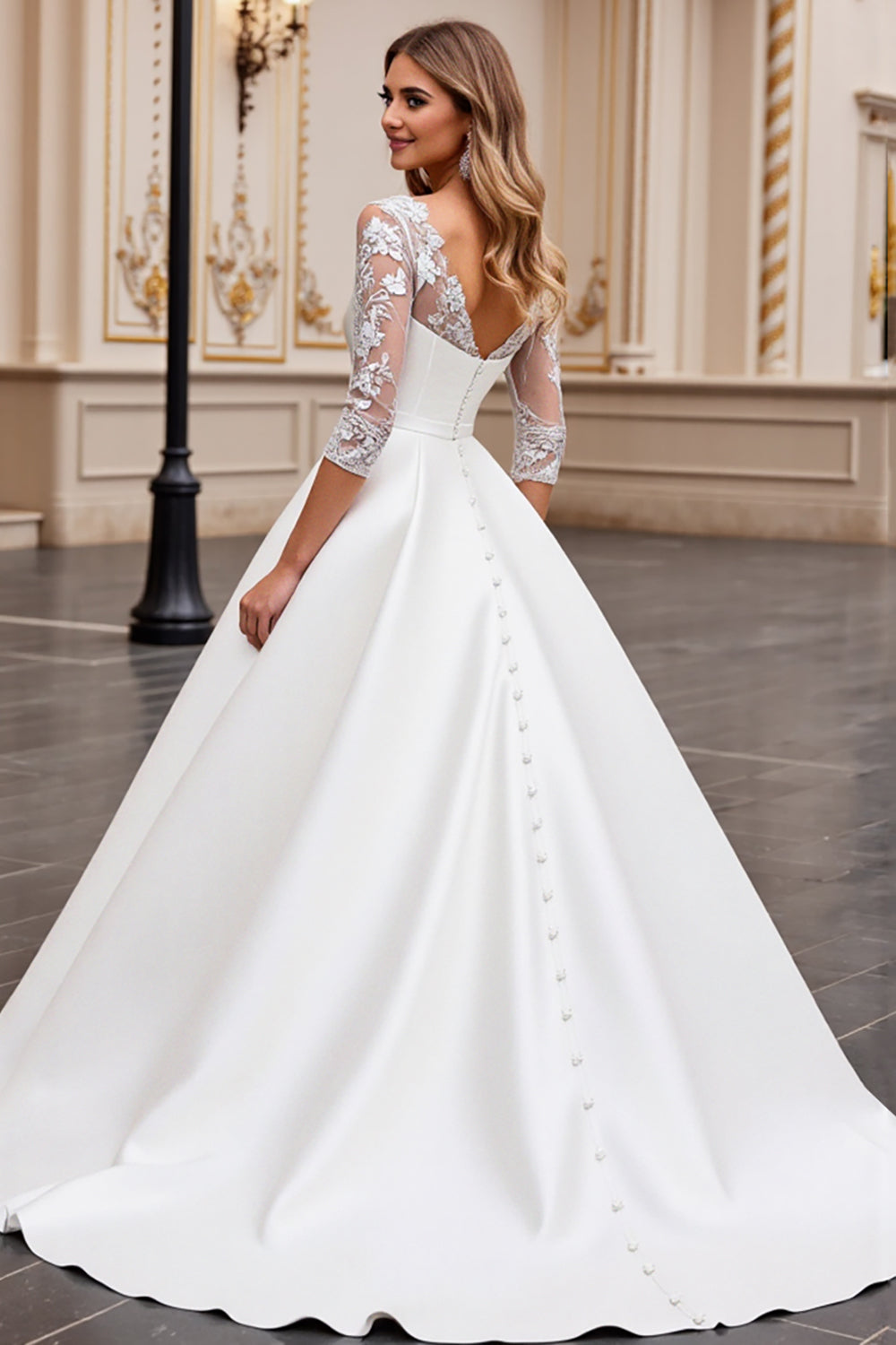 Ivory V-Neck A Line Lace Wedding Dress with Long Sleeves