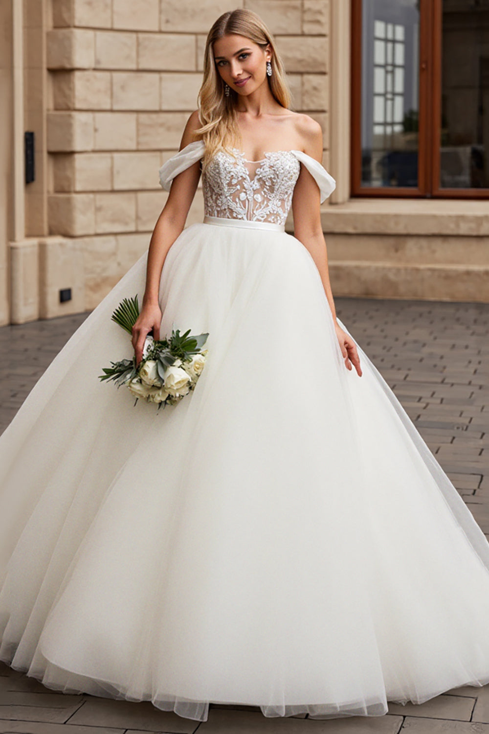 Ivory Off The Shoulder Ball-Gown Lace Tulle Wedding Dress