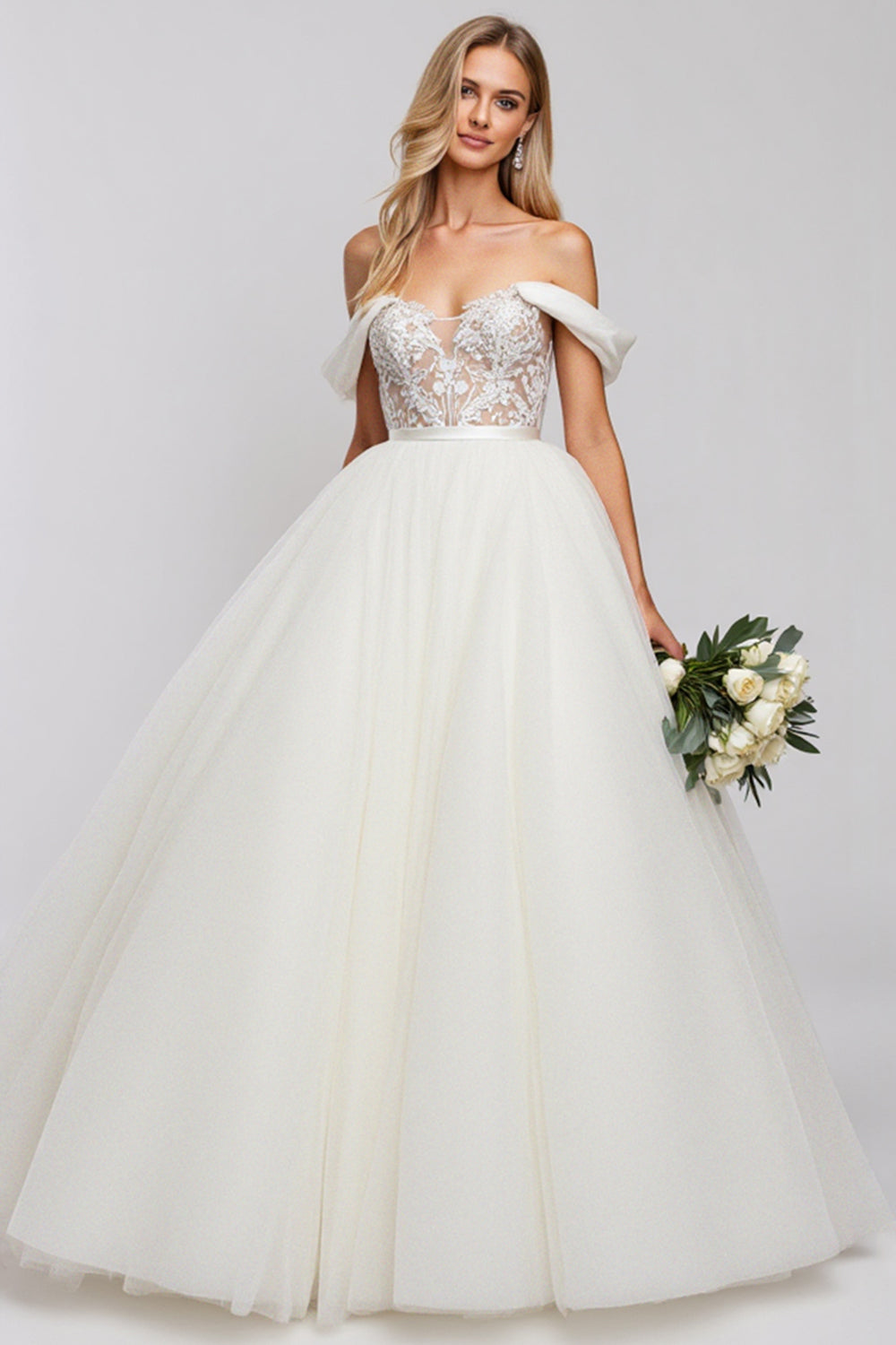Ivory Off The Shoulder Ball-Gown Lace Tulle Wedding Dress