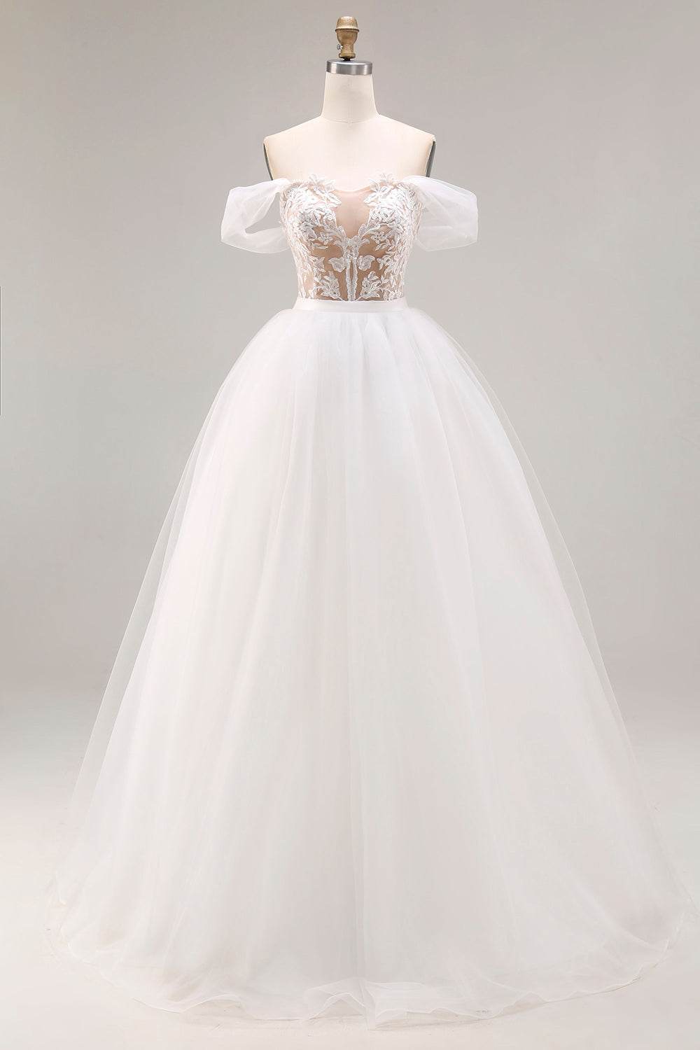 Ivory Off The Shoulder Ball-Gown Lace Tulle Wedding Dress