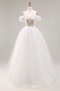 Ivory Off The Shoulder Ball-Gown Lace Tulle Wedding Dress