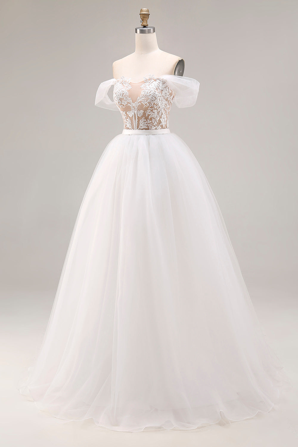 Ivory Off The Shoulder Ball-Gown Lace Tulle Wedding Dress