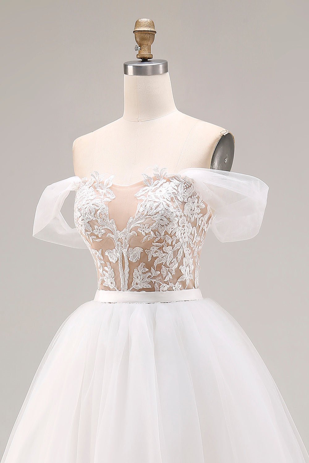 Ivory Off The Shoulder Ball-Gown Lace Tulle Wedding Dress