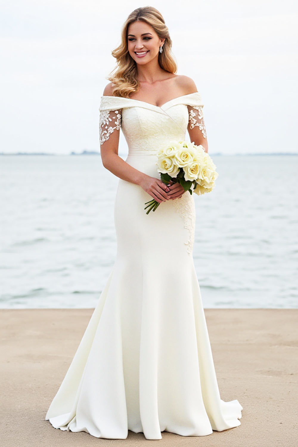 Ivory Off The Shoulder Mermaid Satin Lace Wedding Dress