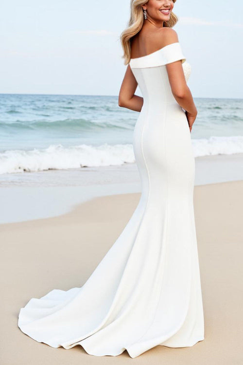 White Off the Shoulder Lace Mermaid Wedding Dress