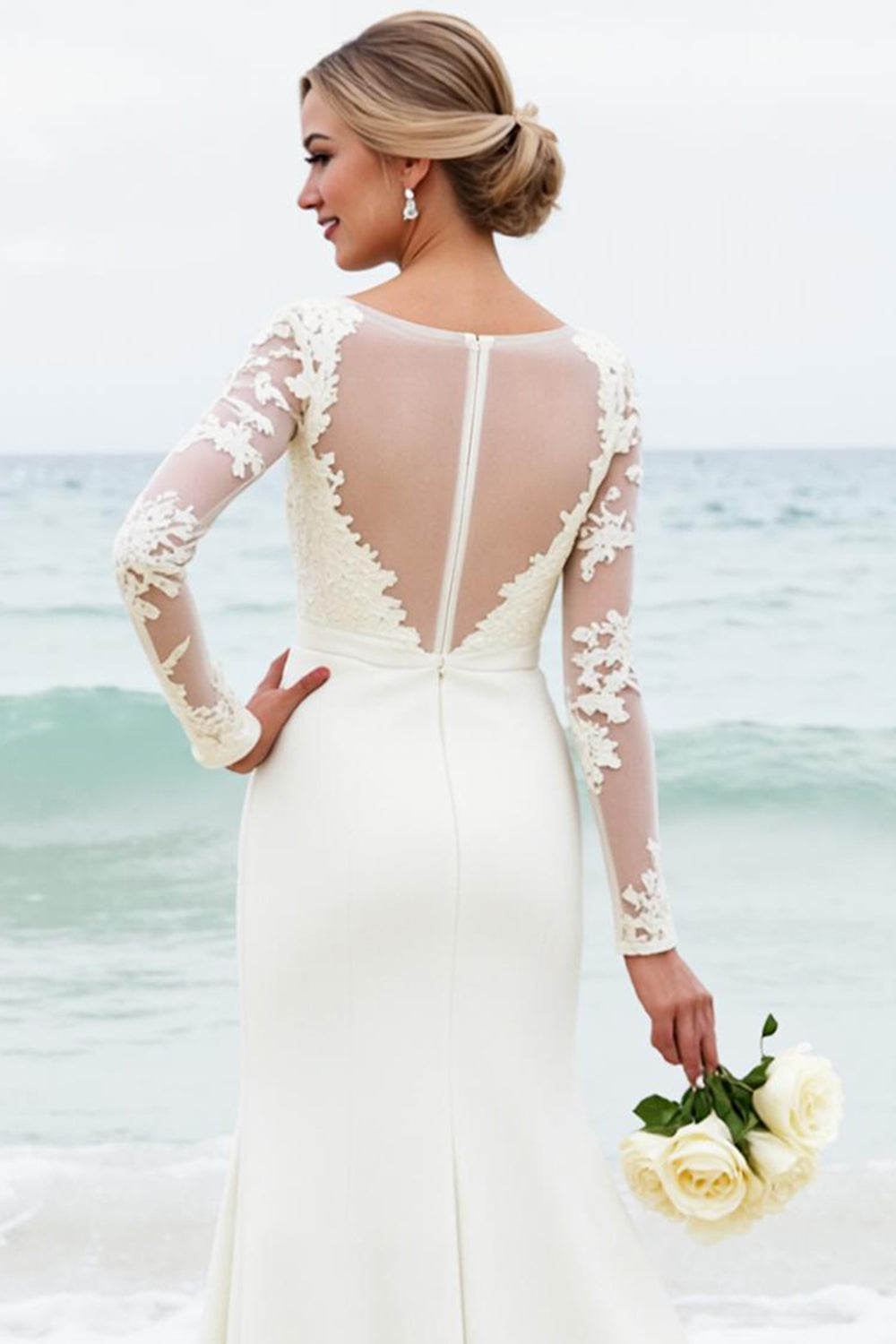 Graceful Ivory Lace Mermaid Wedding Dress with Long Sleeves