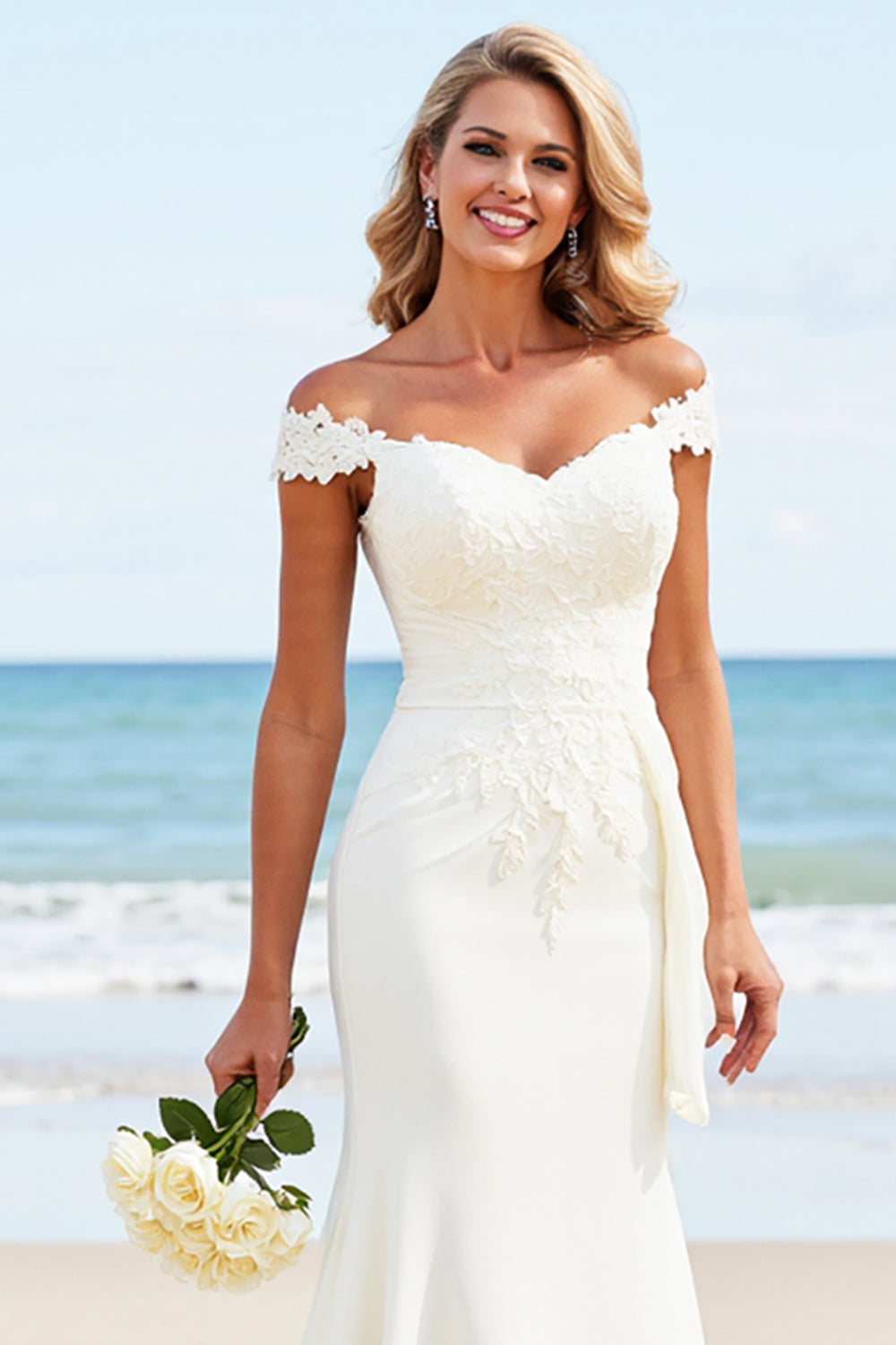Lace Ivory Stretch Satin Mermaid Off the Shoulder Wedding Dress