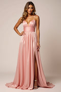 Satin A Line Blush Pink Prom Dress With Slit
