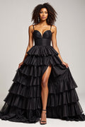 Satin Tiered A Line Black Prom Dress