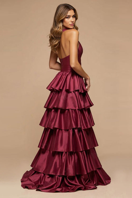 Burgundy V-Neck Satin A Line Prom Dress With Ruffles