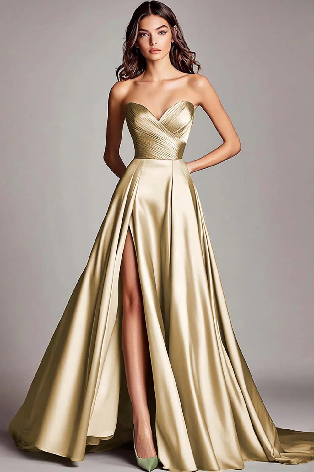 Dusty Sage A Line Satin Strapless Prom Dress with Slit