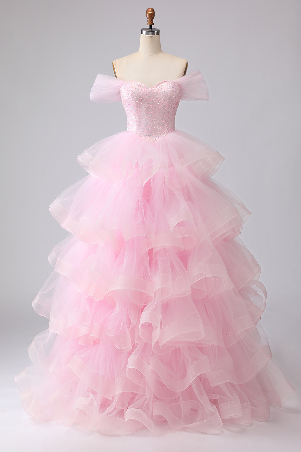 Off the Shoulder Pink Tiered Princess Beaded Prom Dress