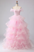 Off the Shoulder Pink Tiered Princess Beaded Prom Dress
