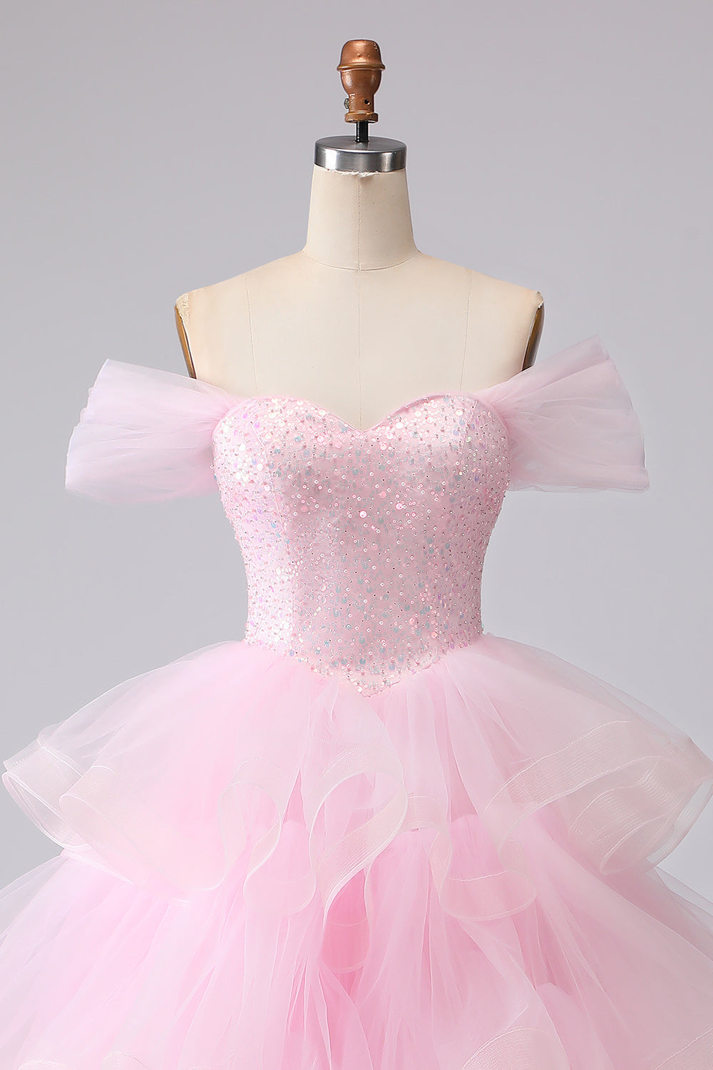Off the Shoulder Pink Tiered Princess Beaded Prom Dress