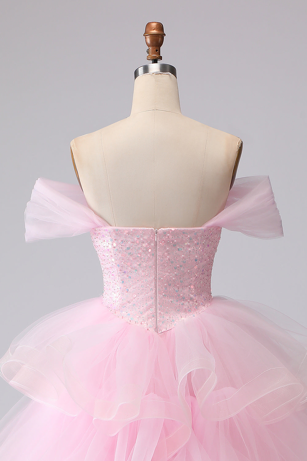 Off the Shoulder Pink Tiered Princess Beaded Prom Dress