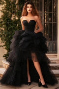 Black Polka Dot Strapless Ruffled Tulle Prom Dress