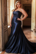 Satin Mermaid Strapless Navy Plus Size Formal Dress