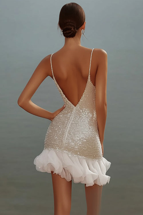 Sparkly White V-Neck Mini Dress With Ruffles