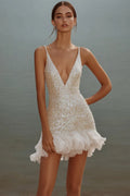 Sparkly White V-Neck Mini Dress With Ruffles