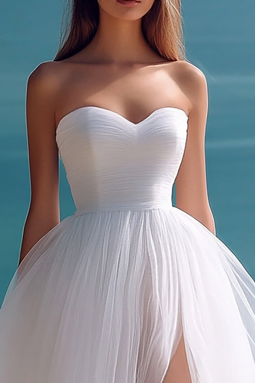White A Line Sweetheart Wedding Dress With Slit