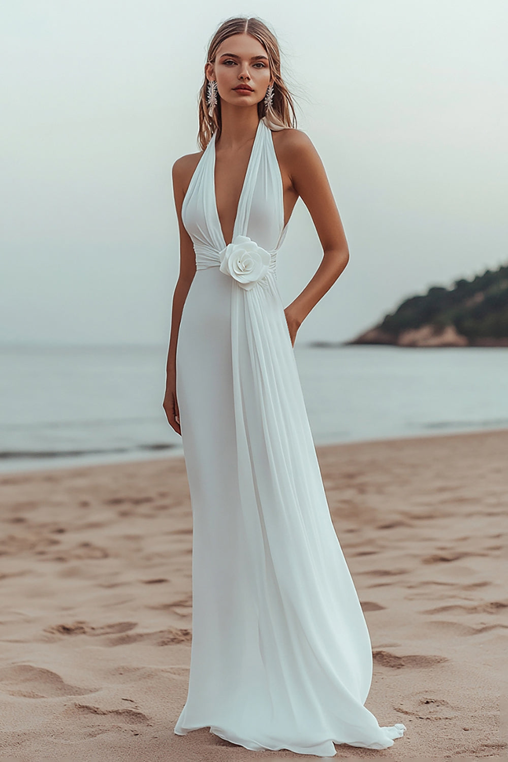 White V-Neck A Line Engagement Dress With 3D Flowers
