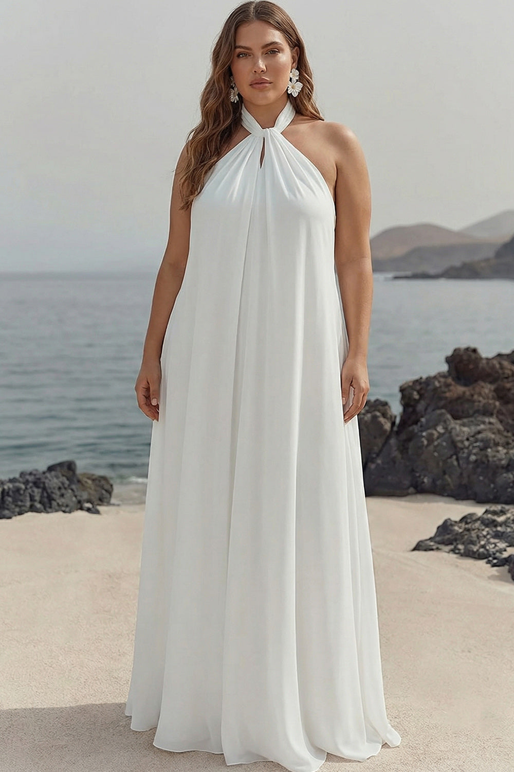 Halter White A-Line Plus Size Maxi Engagement Dress