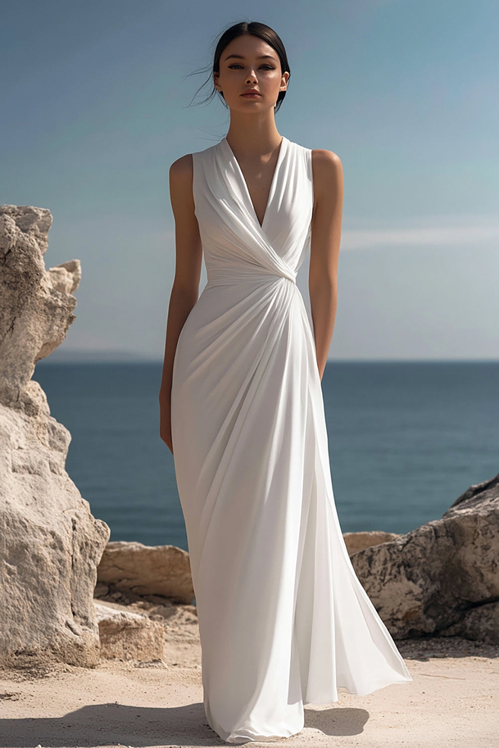 White Ruched V-Neck Sheath Bridal Shower Dress