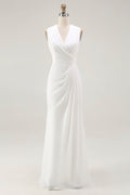 White Ruched V-Neck Sheath Bridal Shower Dress