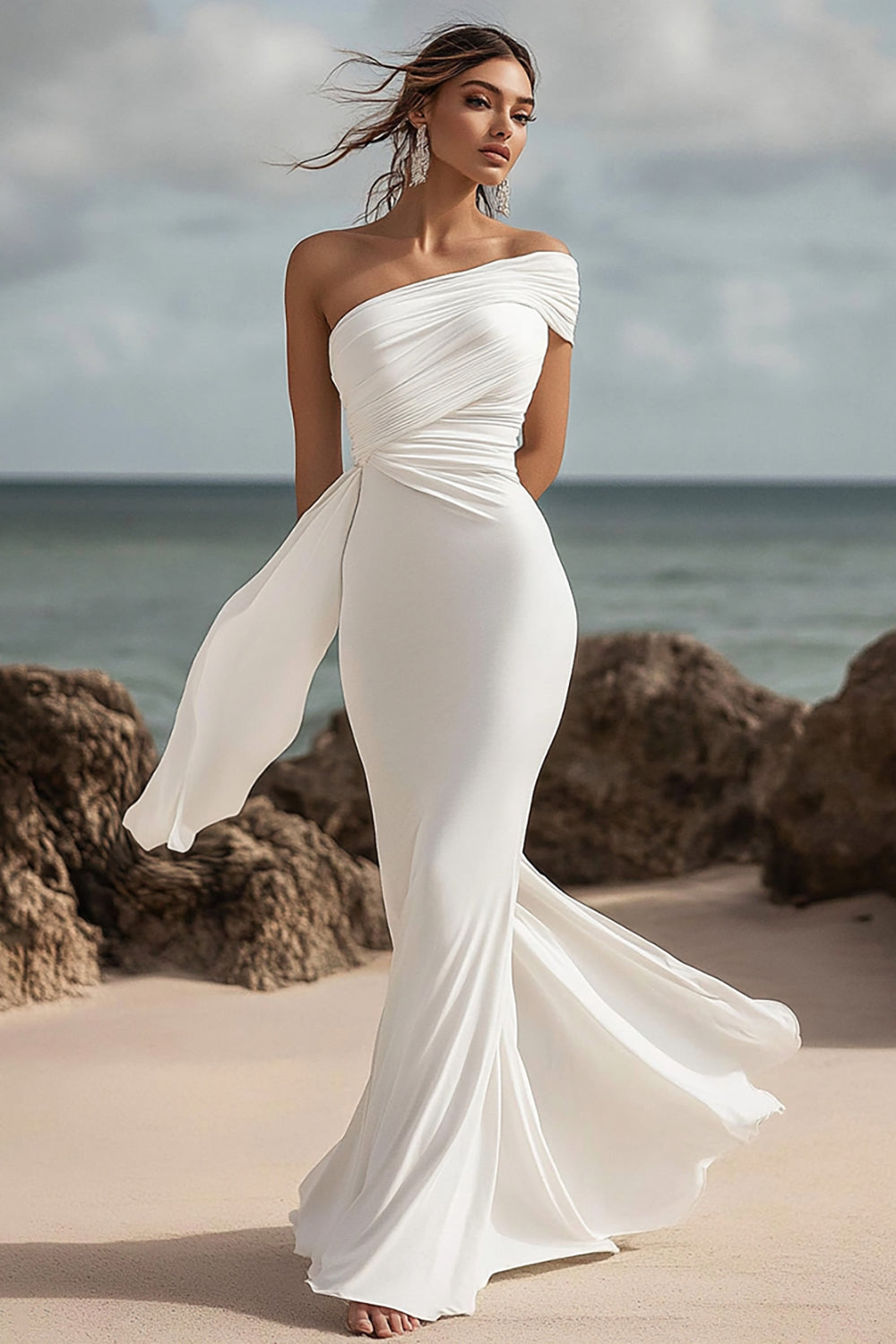Mermaid One Shoulder Chiffon White Wedding Dress
