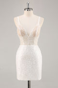 White Bodycon V Neck Mini Graduation Dress With Sequins