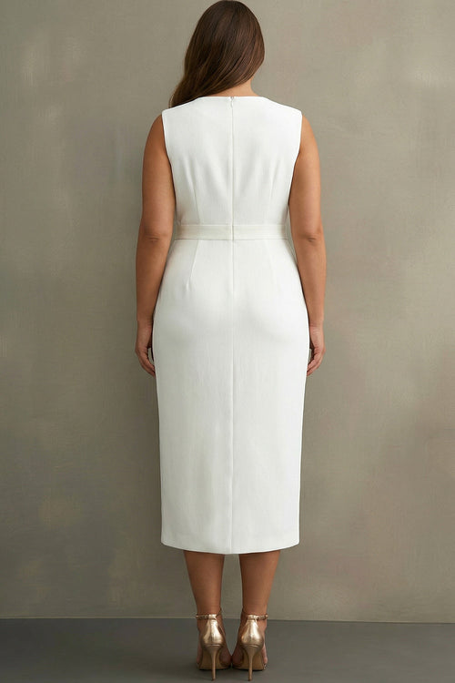 White Plus Size V-Neck Midi Formal Dress with Sash