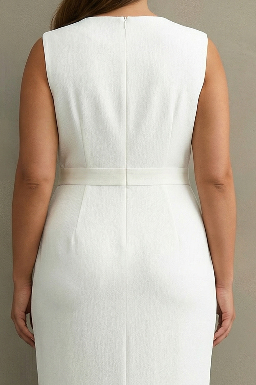 White Plus Size V-Neck Midi Formal Dress with Sash