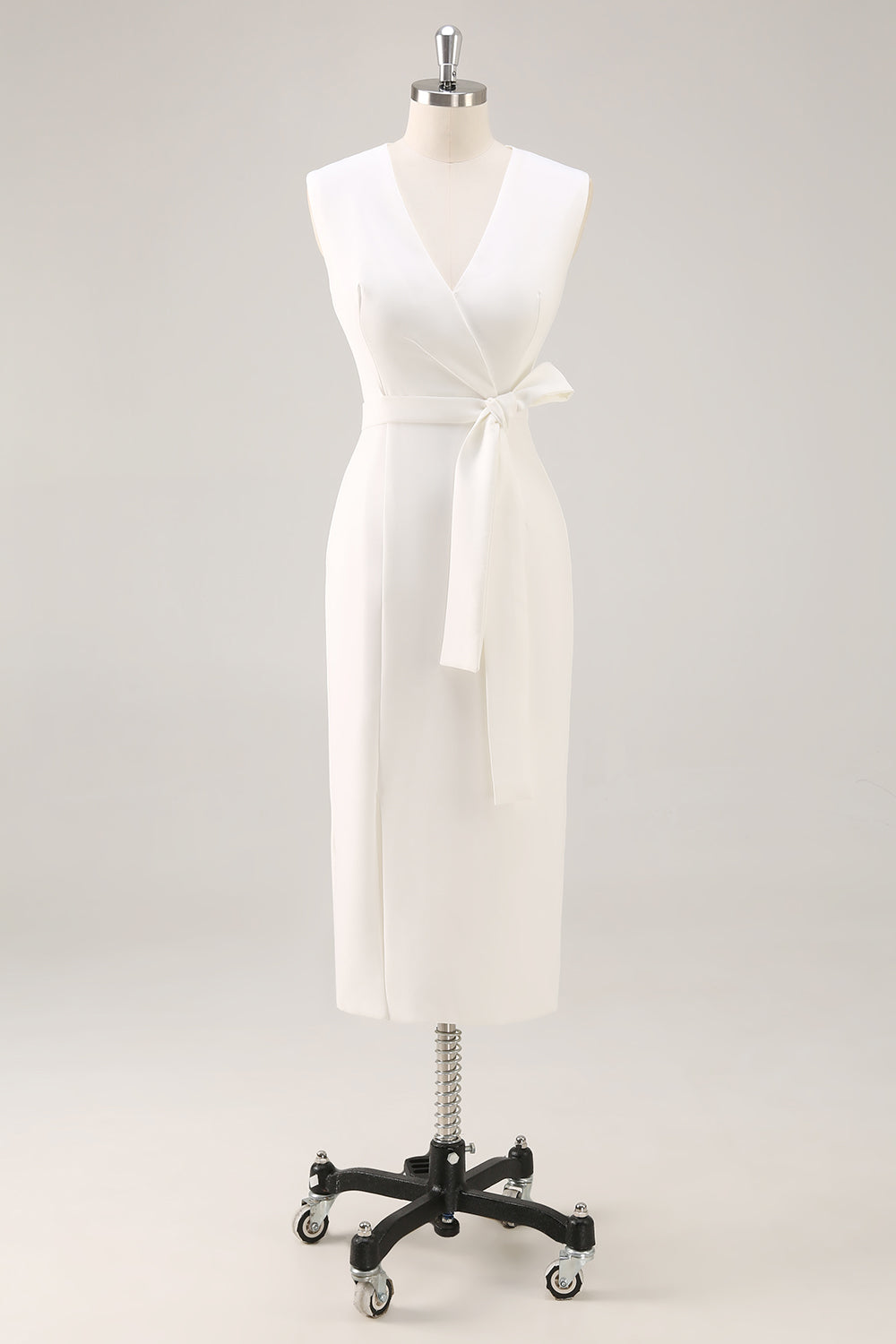 White Sheath V-Neck Formal Dress with Sash